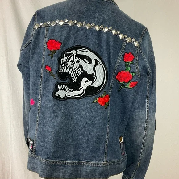 Embellished Patchwork Beaded Denim Jean Jacket Upcycled Jean Jacket Size XXL - Picture 2 of 10